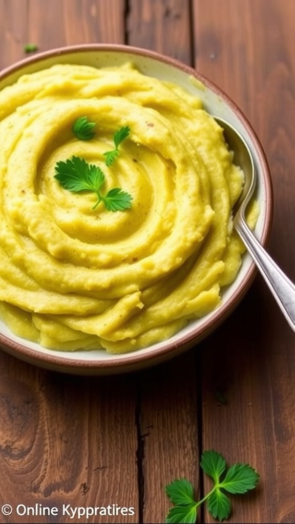 Savory Mashed Green Banana Recipe A bowl of mashed green bananas garnished with herbs on a wooden table.